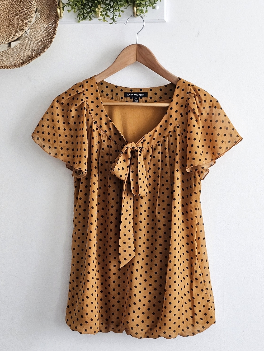 Sara Michelle Mustard Polka Dot Blouse Bow Tie Neck Short Sleeve Top M